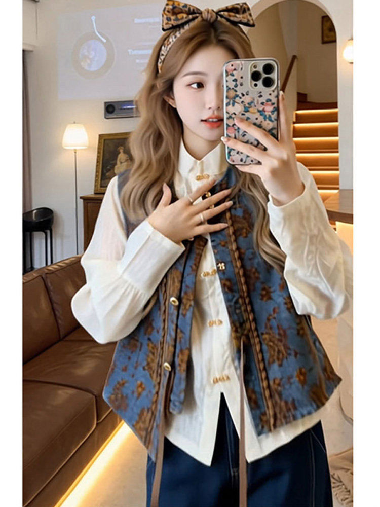 Embroidery Vest - Retro Floral Embroidery Denim Vest Shirt
