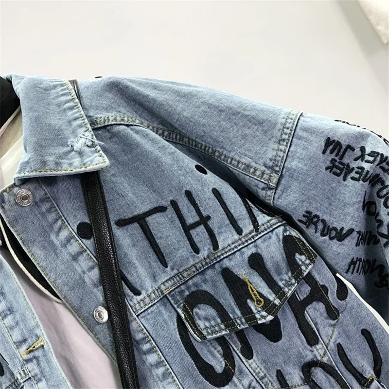 Autumn Korean Letter Embroider - Embroidery Jacket Jeans 评论和价格