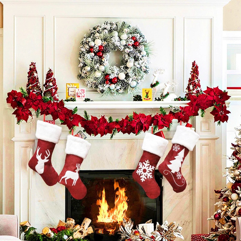 Red Santa Stocking Elk Snowfla - Embroidery Xmas Stocking 评论和价格