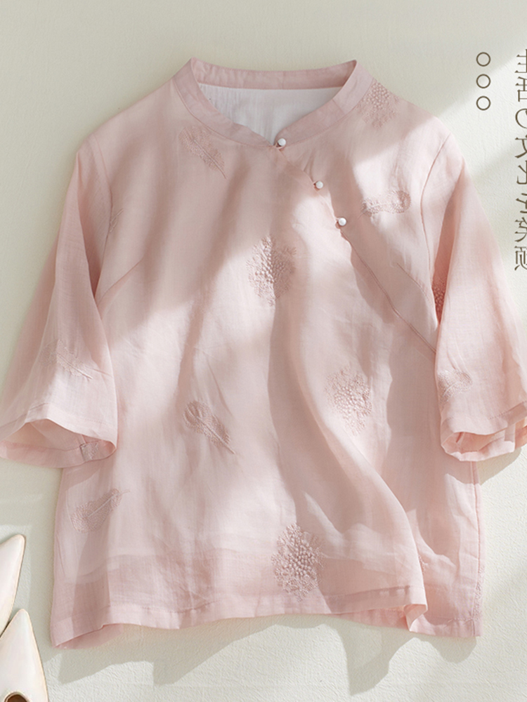 Retro Feather Embroidery Cotto - Embroidery Cotton Shirt 评论和价格