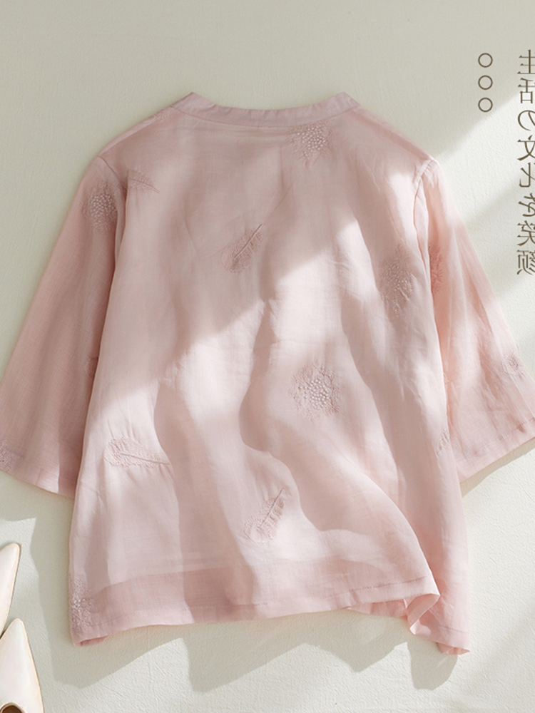 Retro Feather Embroidery Cotto - Embroidery Cotton Shirt 评论和价格