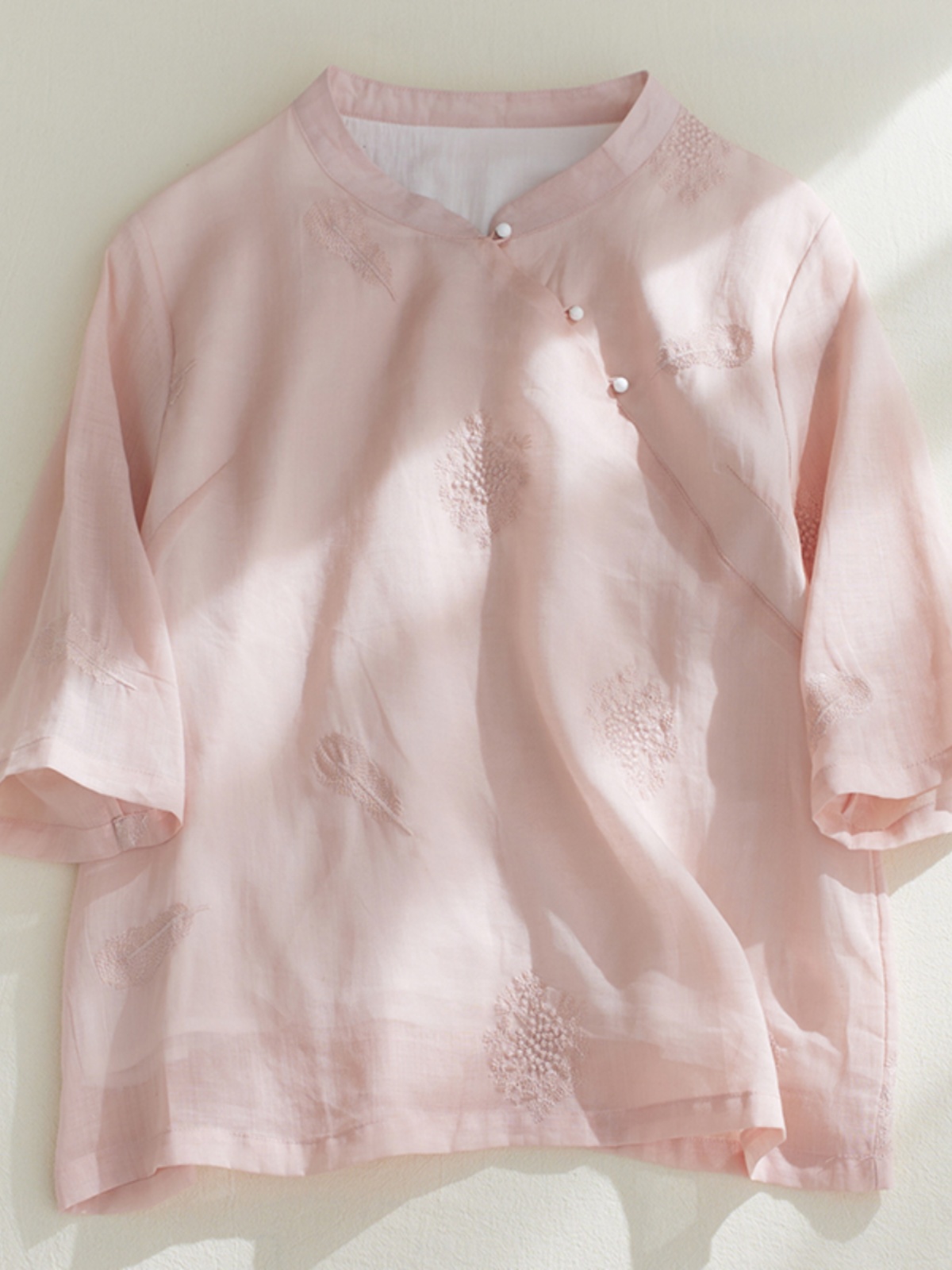 Retro Feather Embroidery Cotto - Embroidery Cotton Shirt 评论和价格
