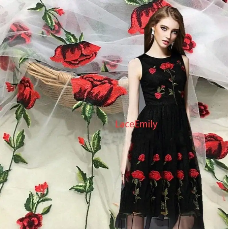 Red Rose Lace Fabric flower em - Embroidery Roses 评论和价格