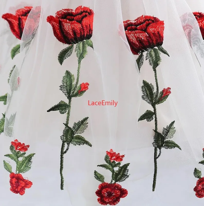 Red Rose Lace Fabric flower em - Embroidery Roses 评论和价格