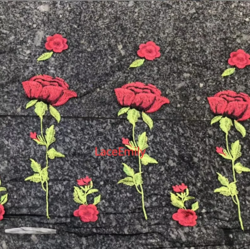 Red Rose Lace Fabric flower em - Embroidery Roses 评论和价格