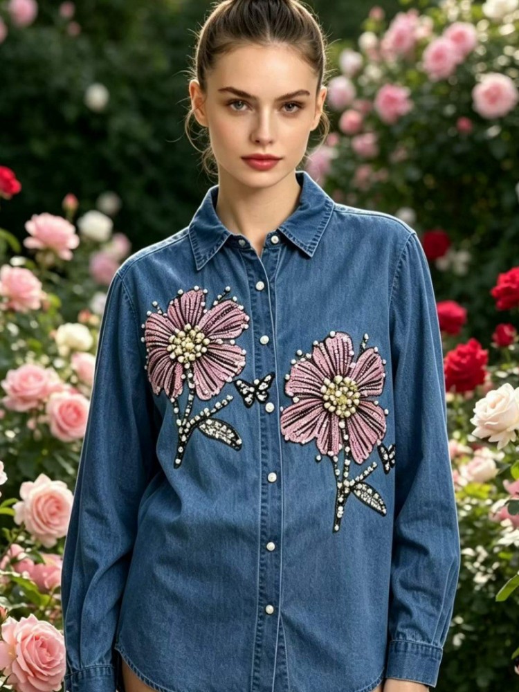 Women Denim Embroidery Blouses - Embroidery Cotton Shirt 评论和价格