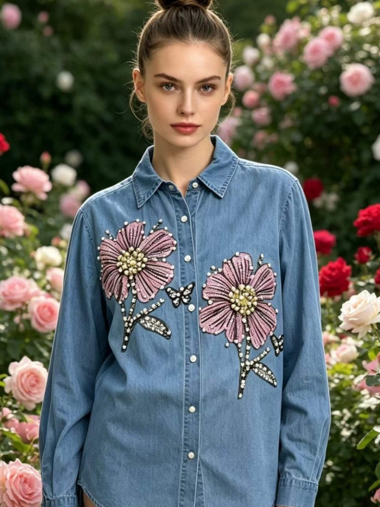 Women Denim Embroidery Blouses - Embroidery Cotton Shirt 评论和价格