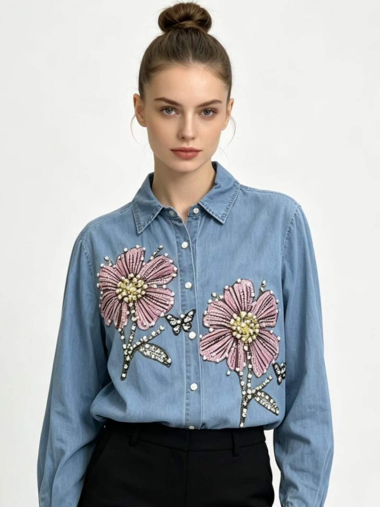 Women Denim Embroidery Blouses - Embroidery Cotton Shirt 评论和价格