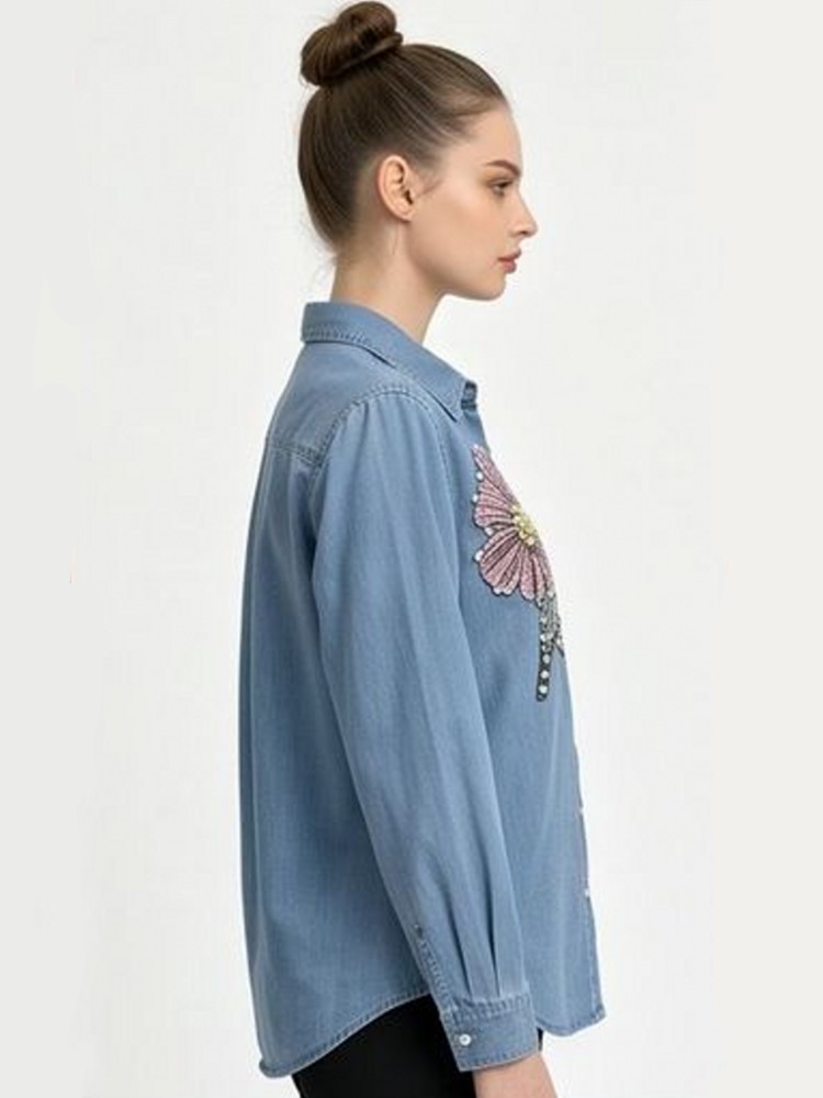 Women Denim Embroidery Blouses - Embroidery Cotton Shirt 评论和价格