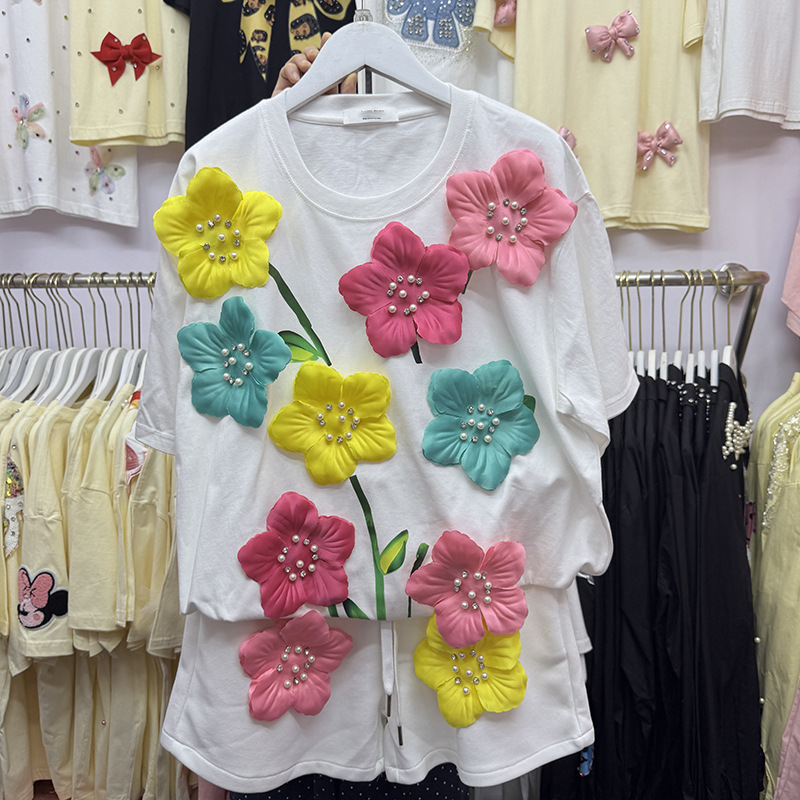 Summer Colorful 3D Flowers T-s - Embroidery Cotton Shirt 评论和价格