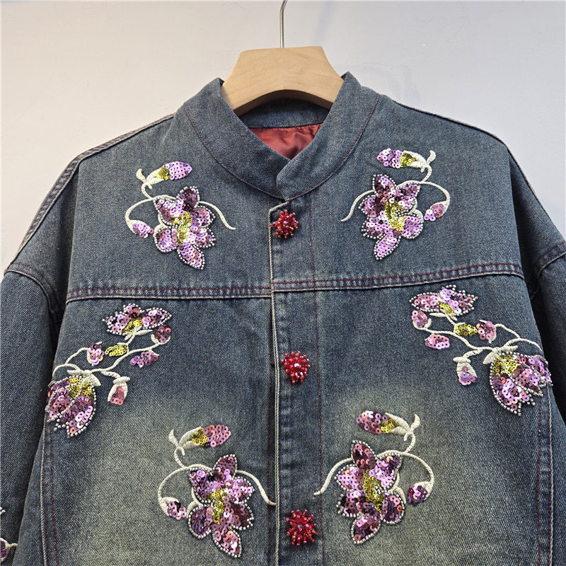Heavy Work Sequins Flower Embr - Embroidery Jacket Jeans 评论和价格