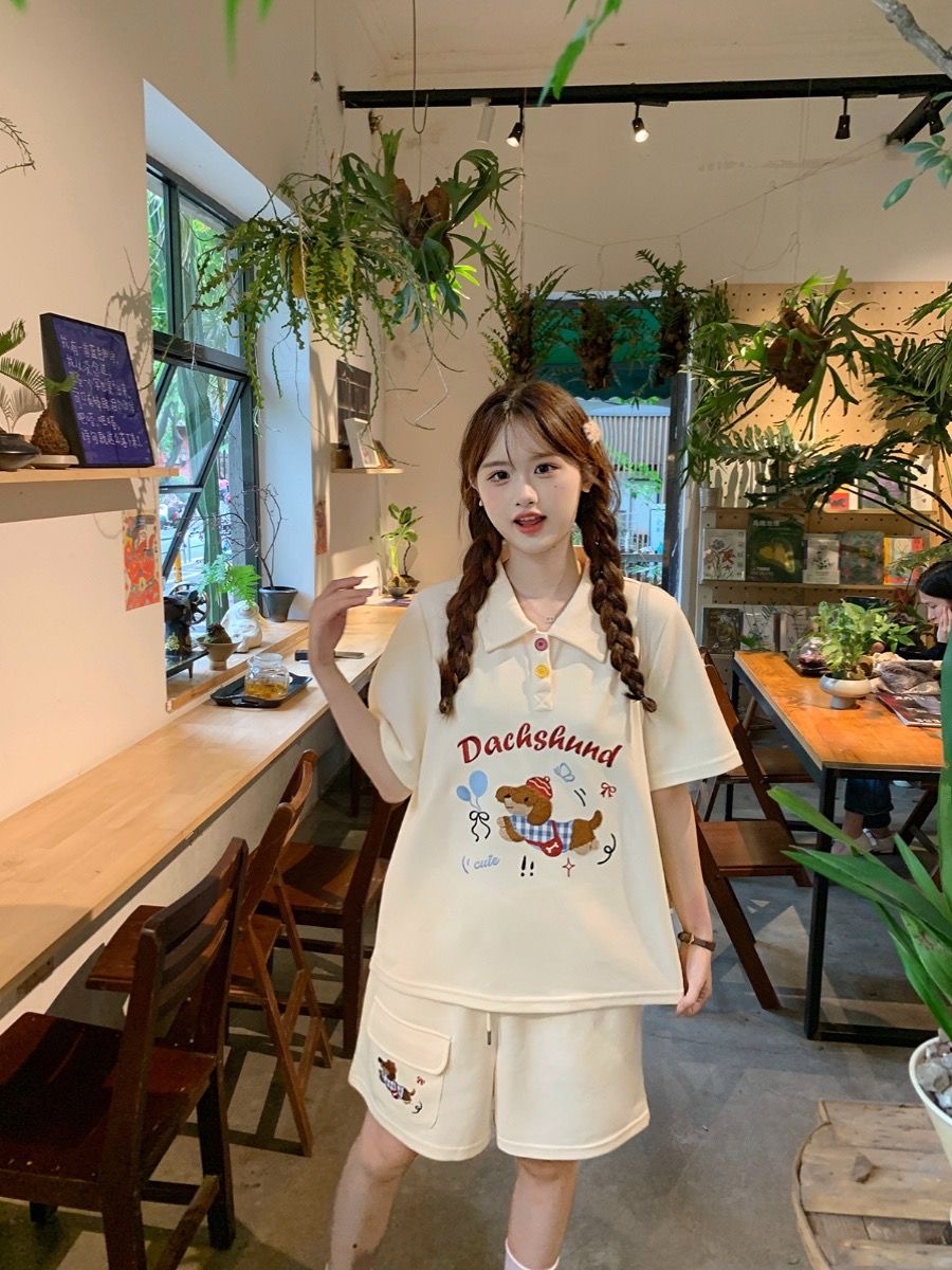 Kawaii Embroidery Dog Japan St - Embroidery Cotton Shirt 评论和价格