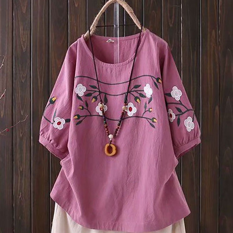 Plus-size Women's Spring and S - Embroidery Cotton Shirt 评论和价格